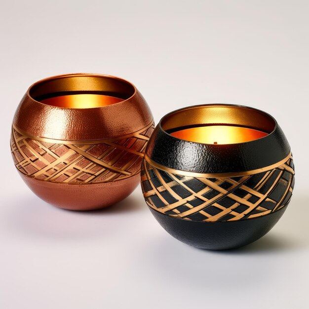 Two black and gold candles sit next to each other.