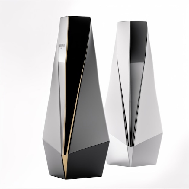 Two black and gold vases with the word " h " on the bottom.