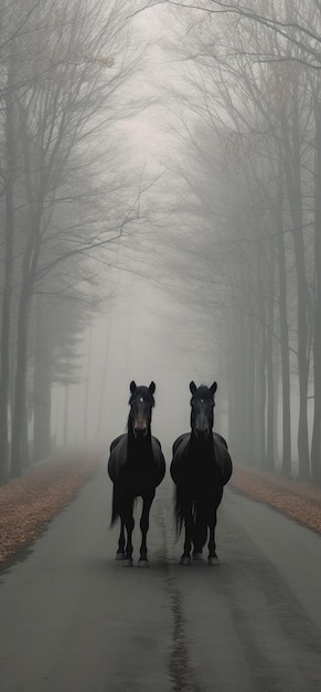 2頭の黒い馬 2頭の馬が立っている道路 AI生成画像 高画質AI生成画像