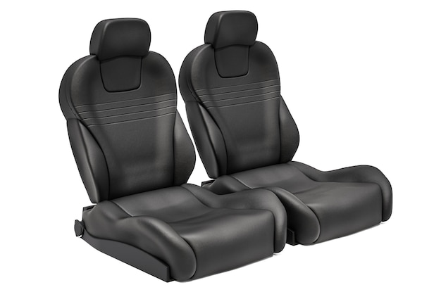 Two black leather bucket seats car seats 3D rendering