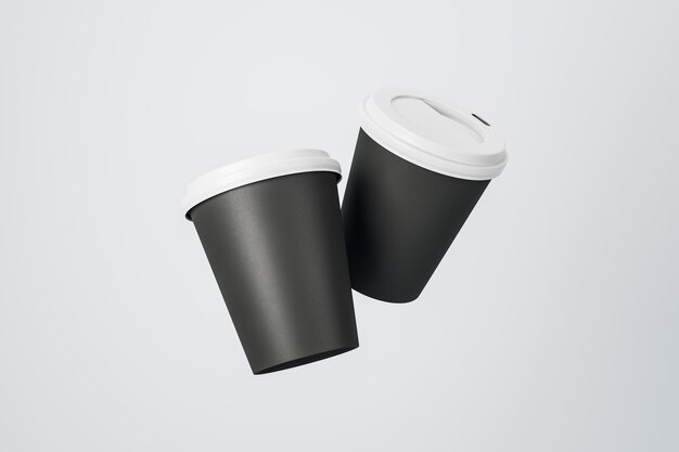 Two black paper mugs to go with white plastic caps with\
copyspace for your logo at abstract light background mockup