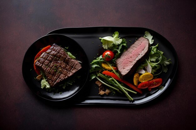 две черные тарелки с мясом и овощами.