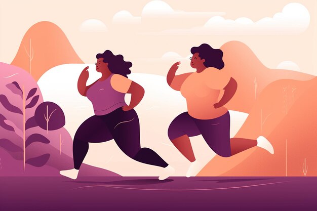 Two black positive women girlfriends running workout outdoors Bodypositive sport weight loss flat illustration Generative AI