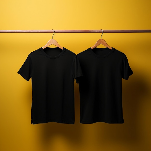 two black shirts hang on a hanger with a yellow wall behind them