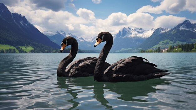 Two black swans in the lake snow mountains background