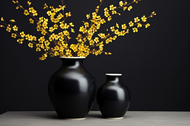 Two black vases with golden mimosa flowers on a black background