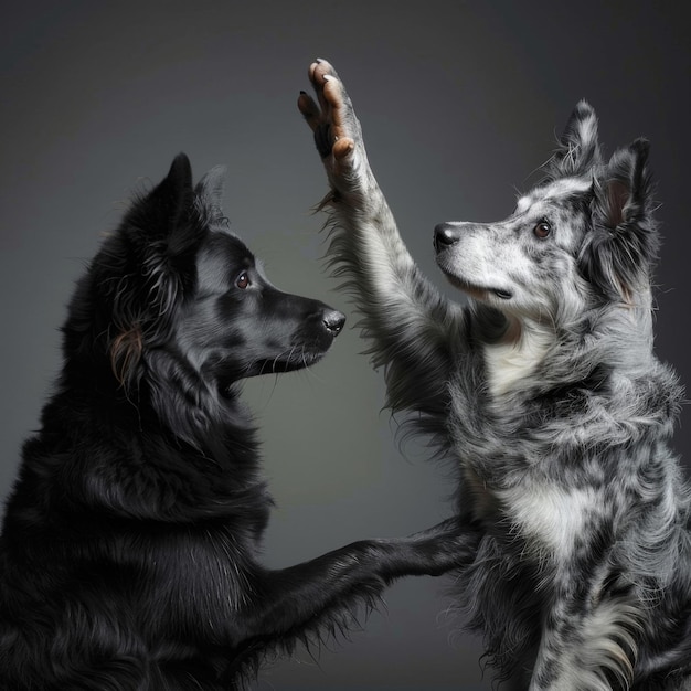 黒と白の2匹の犬が一緒に遊んでいる