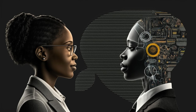 Two black women facing each other, one of which is a robot with the word data on it.