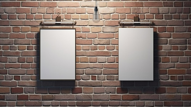 Two blank 3D posters with hanging clips on a textured brick wall