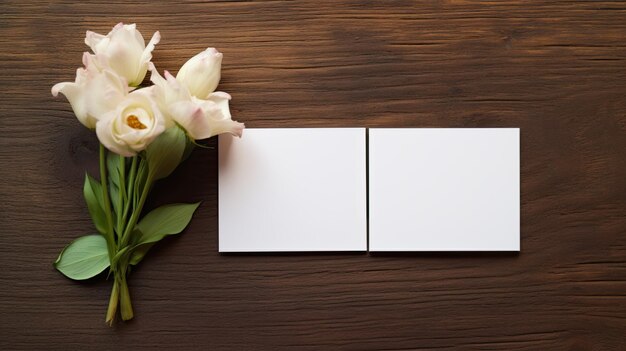 two blank business cards elegantly placed alongside fresh flowers on a wooden table