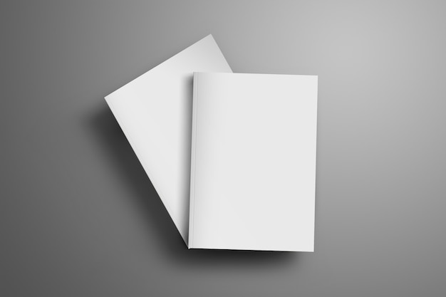 Two blank closed A4, (A5) magazines with soft realistic shadows isolated on gray surface. One of the brochures lies at an angle of the second brochure.