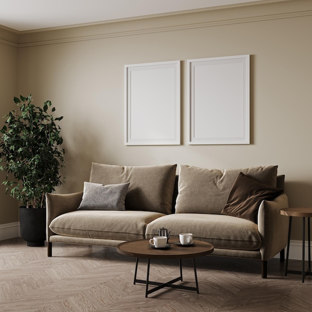 Two blank frame mock up on white wall in room with beige sofa and decoration 3d rendering