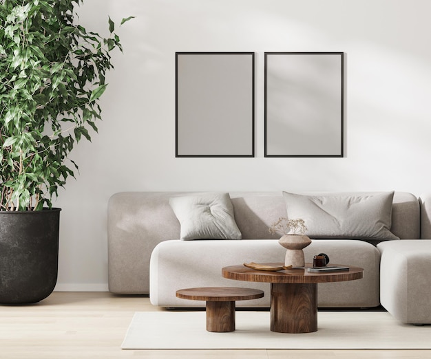 Two blank frames mock up in modern living room interior
minimalist style 3d rendering