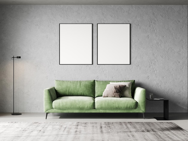 Two blank frames mock up in modern living room interior minimalist style 3d rendering