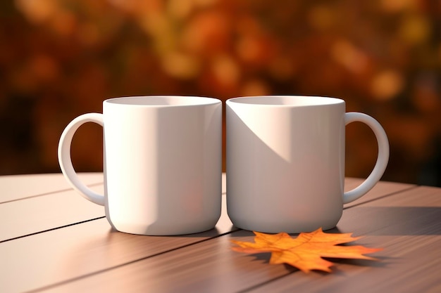 Two blank mug autumn background