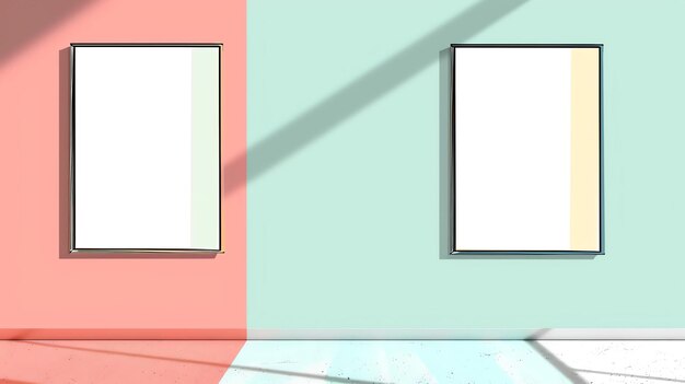 Photo two blank picture frames hang on a wall painted in pink and mint green the frames are made of black wood and have a white mat