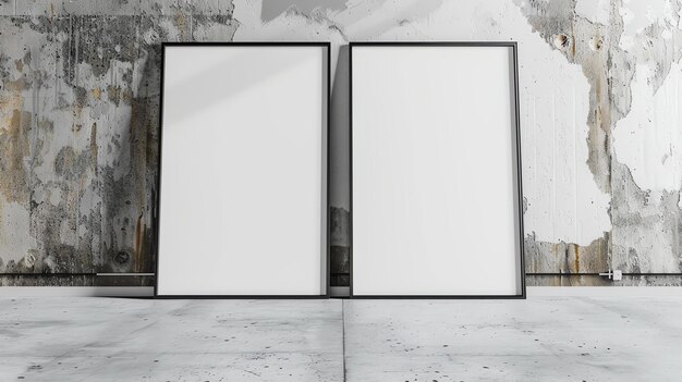 Photo two blank picture frames stand on a grunge textured background the frames are made of black wood and have a modern minimalist design