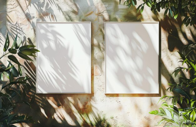 Photo two blank posters affixed to a textured wall surrounded by green foliage and cast shadows modern mockup display generative ai