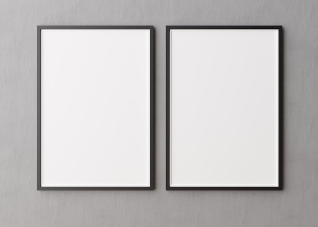 Two blank vertical picture frames hanging on concrete wall Template mock up for your picture or poster Copy space 3D rendering