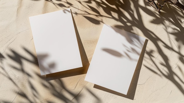 Two blank white cards on a textured shadowed beige surface