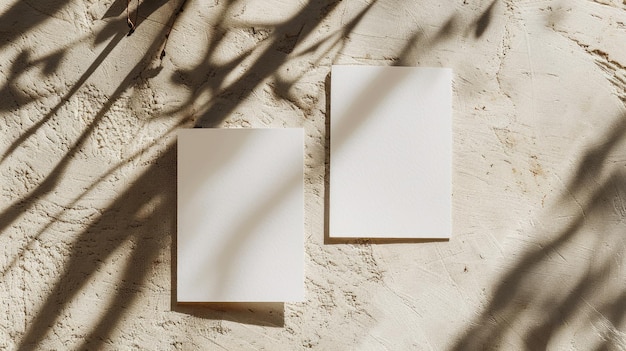 Two blank white cards on a textured shadowed beige surface