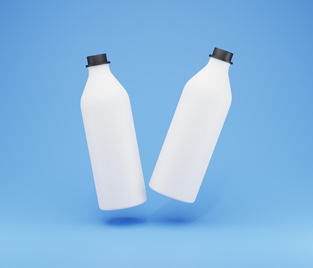 Two blank white plastic bottles with black caps floating center