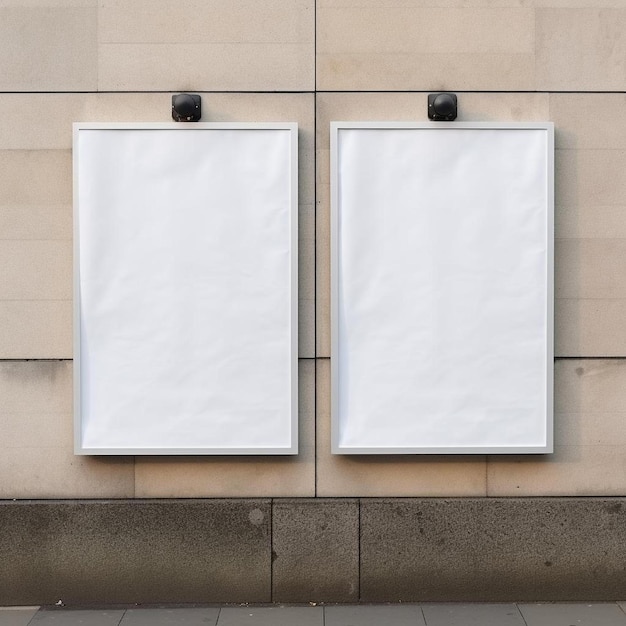 Photo two blank white posters hanging on the side of a building