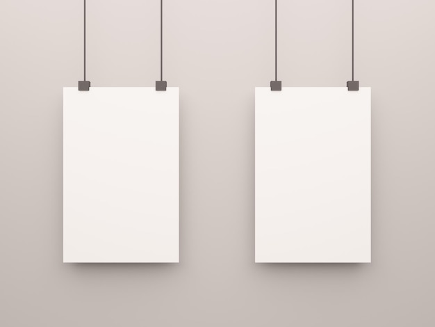 Two blank white posters mockup on gray background Poster 3D rendering illustration