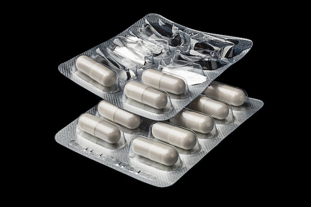 Two blister medication White capsule pills in a whole and open blister pack on a black background