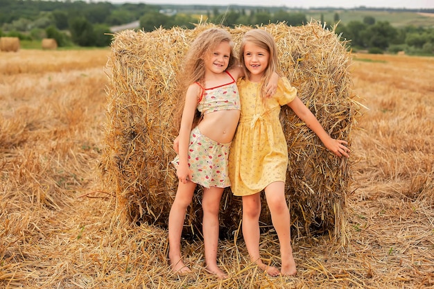 two blonde girls with long hair are standing by a haystack in a field hugging