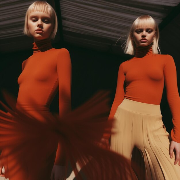 two blonde women wearing orange dresses with red tops