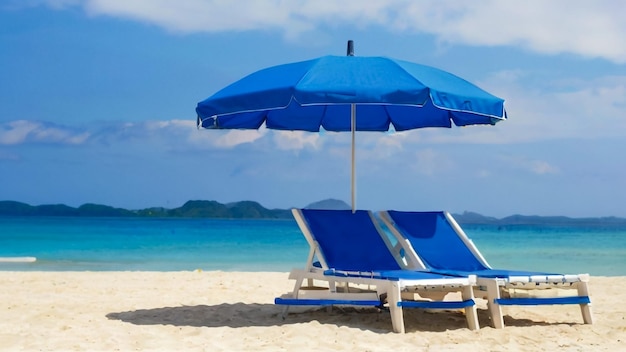 two blue beach chairs with a blue umbrella that says  the name of the sea