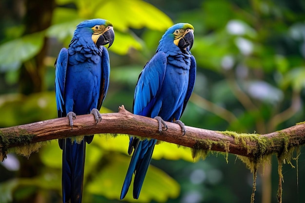 two blue birds are sitting on a branch with one looking at the camera