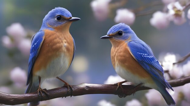 two blue birds are sitting on a branch with the words bluebird on the left