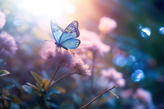 Two blue butterflies on purple flowers macro shot Warm summer solar lighting