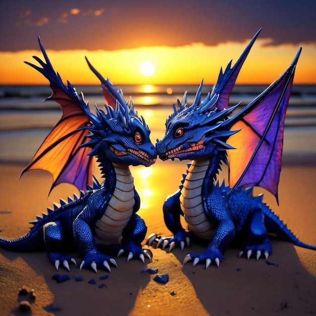 Two blue dragons on the beach with the sun behind them