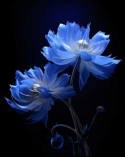 Two blue flowers on a dark black background Flowering flowers a symbol of spring new life