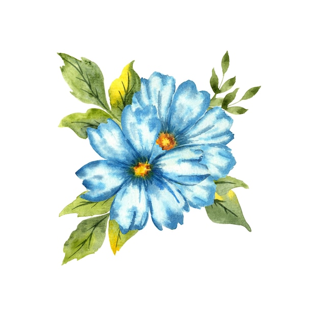 Two blue flowers with green leaves watercolor