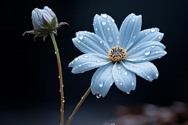two blue flowers with water droplets on them