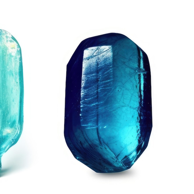 Photo two blue gems with a blue and green stone and a blue piece of glass.