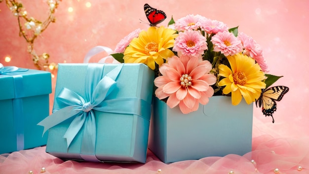 写真 ピンクの背景に2つの青い贈り物とカラフルな花