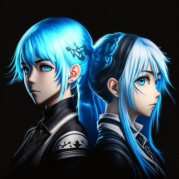 Two Blue Hair Anime Character T Shirt Design AI Generative