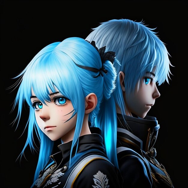 Two Blue Hair Anime Character T Shirt Design AI Generative