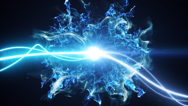 Photo two blue light streak breaks out on a black background with smoke and light particles and explode in space when interacting with each other 3d illustration