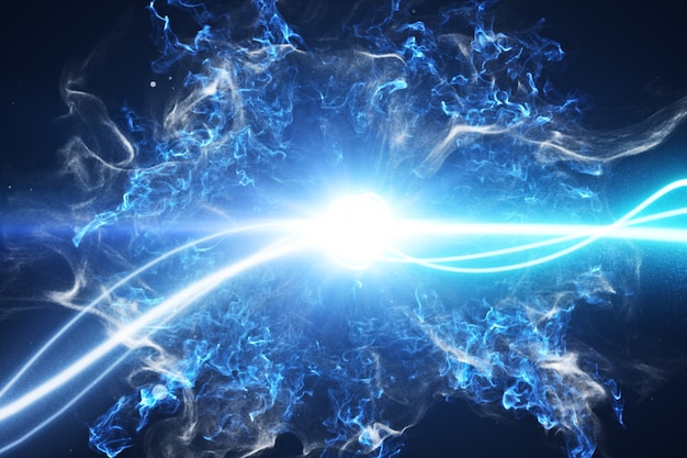 Две синие полосы света вспыхивают на черном фоне с дымом и частицами света и взрываются в космосе при взаимодействии друг с другом 3D иллюстрации