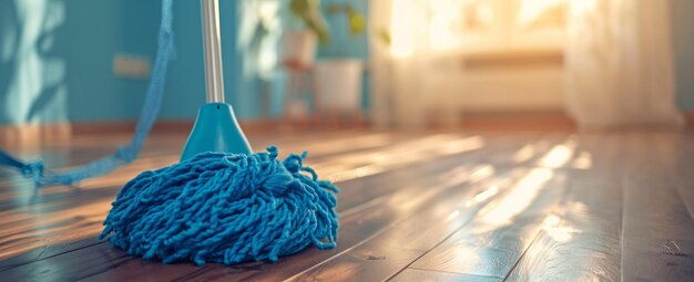 two blue mops sitting on a wooden floor