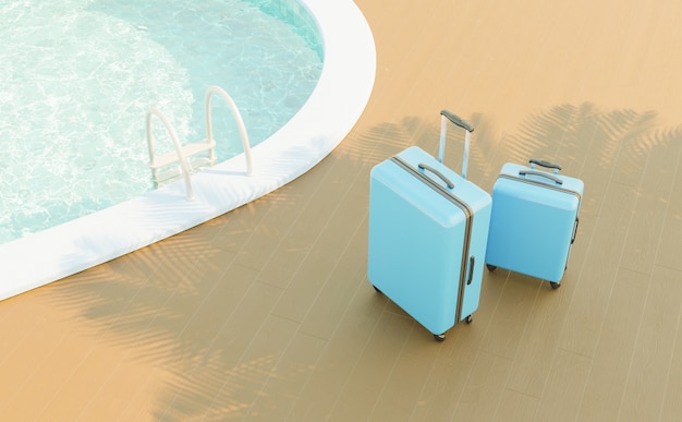 Two blue suitcases next to the edge of a swimming pool with its stairs and a palm tree shadow. 3d render