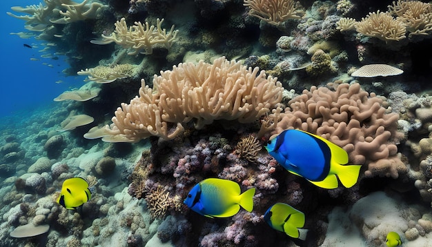 two blue and yellow fish are next to anemone