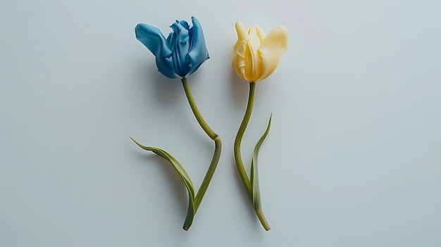 Photo two blue and yellow tulips on a white background generative ai illustrations