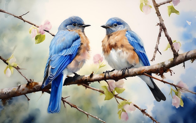 Two bluebirds on a branch of a blossoming